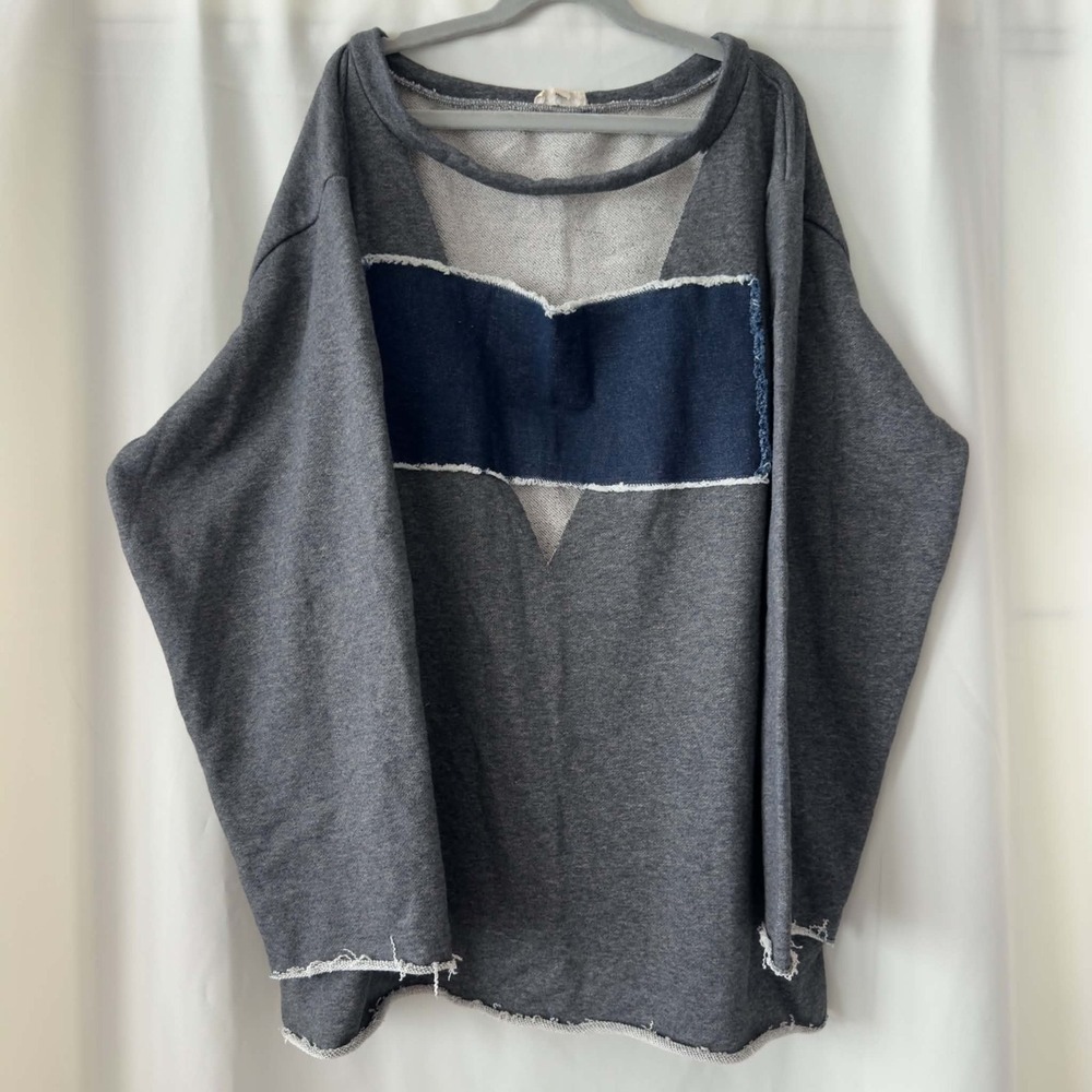 POL Size Small Gray Denim Patch Sweatshirt Raw Hem Deconstructed Oversized Boho